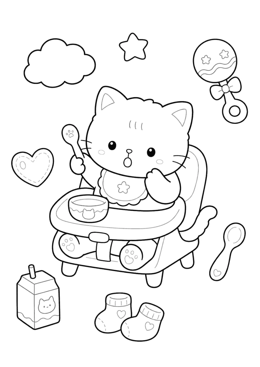 Baby Cat Eating in a High Chair