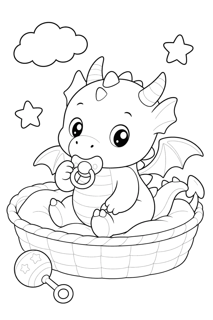Baby Dragon Sitting in a Basket with Pacifier