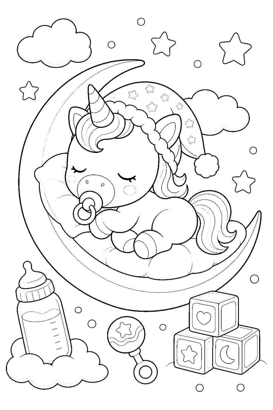 Baby Unicorn Sleeping on a Crescent Moon