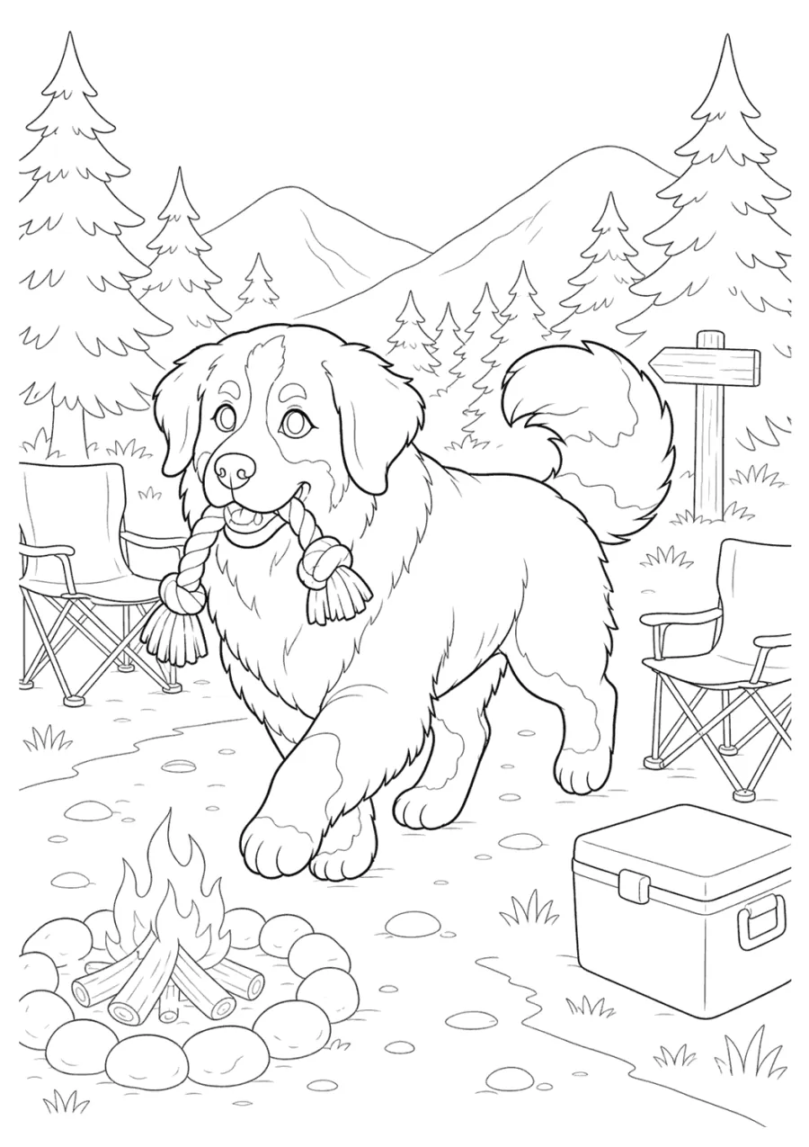 Bernese Mountain Dog by a Campfire