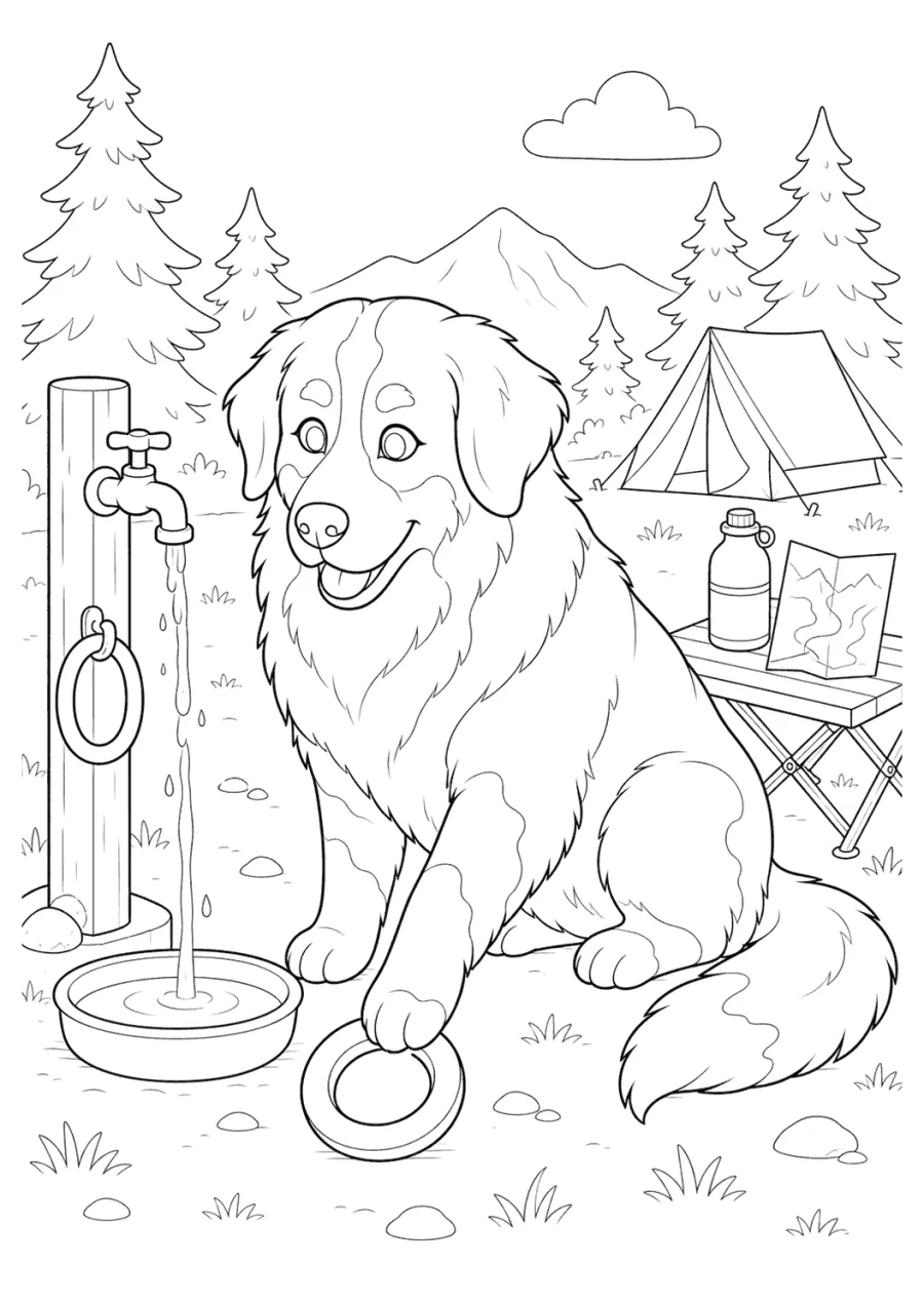 Bernese Mountain Dog by a Camping Shower