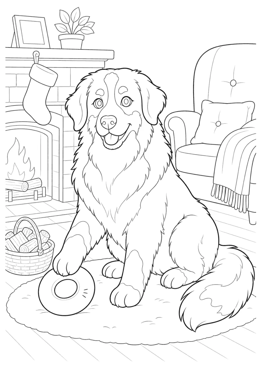 Bernese Mountain Dog by a Fireplace