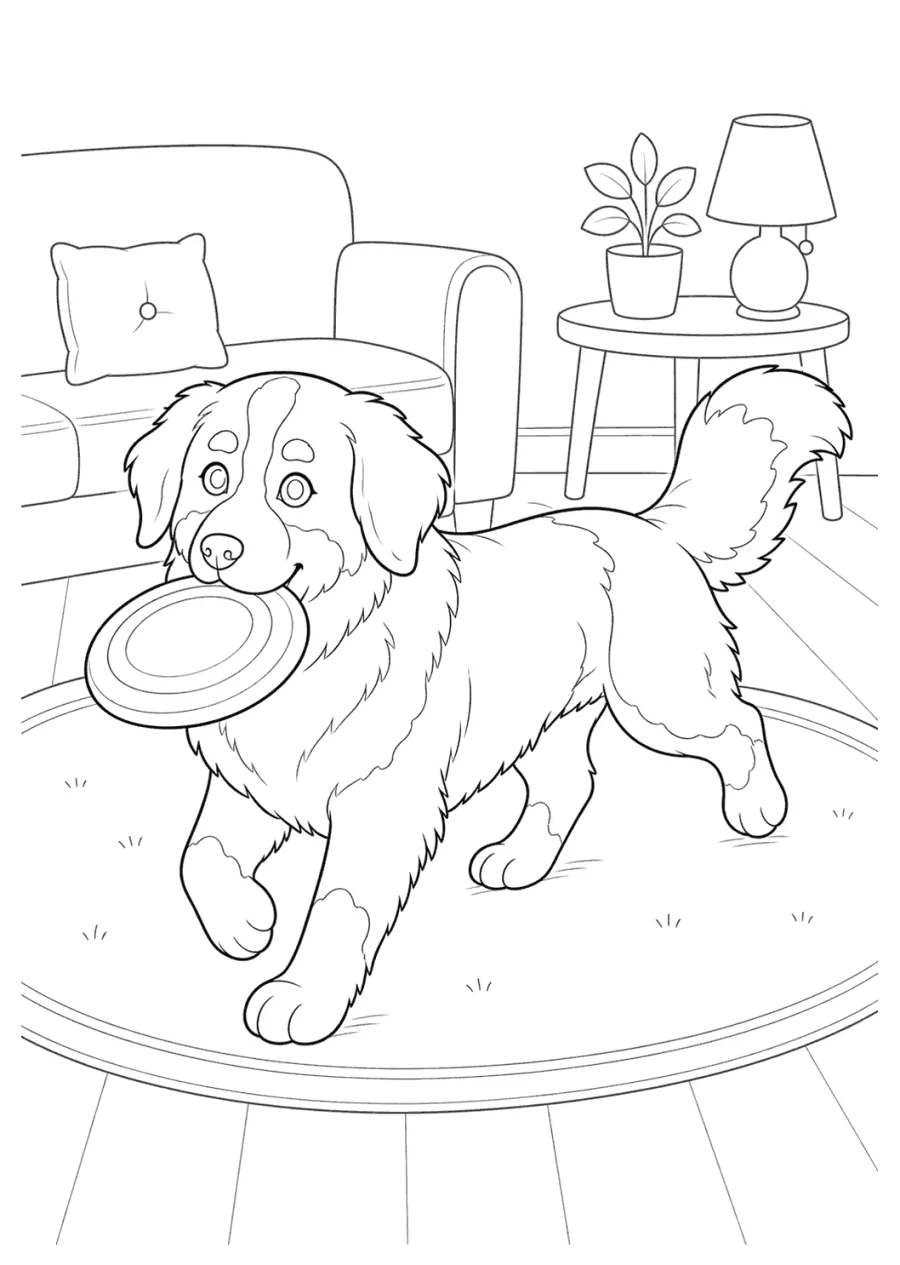 Bernese Mountain Dog Carrying a Frisbee at Home