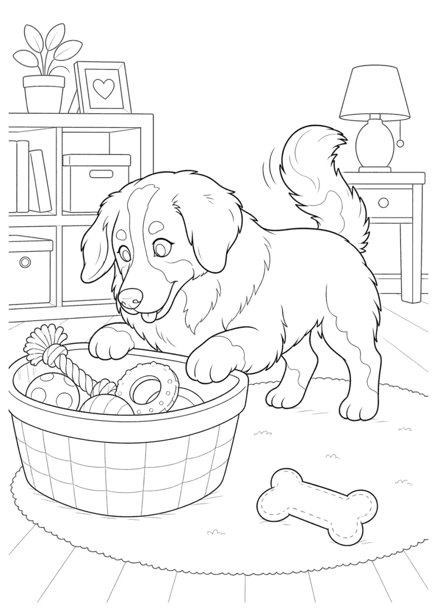 Bernese Mountain Dog Looking into a Toy Basket