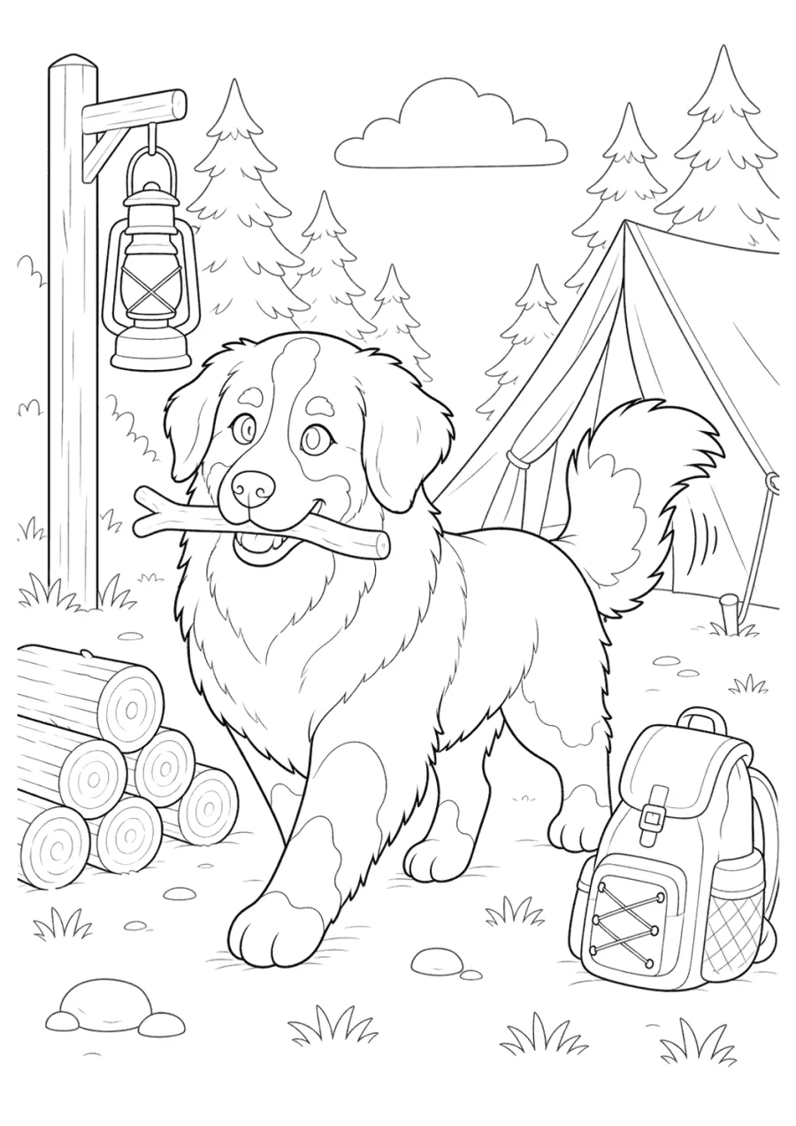 Bernese Mountain Dog Standing at a Campsite