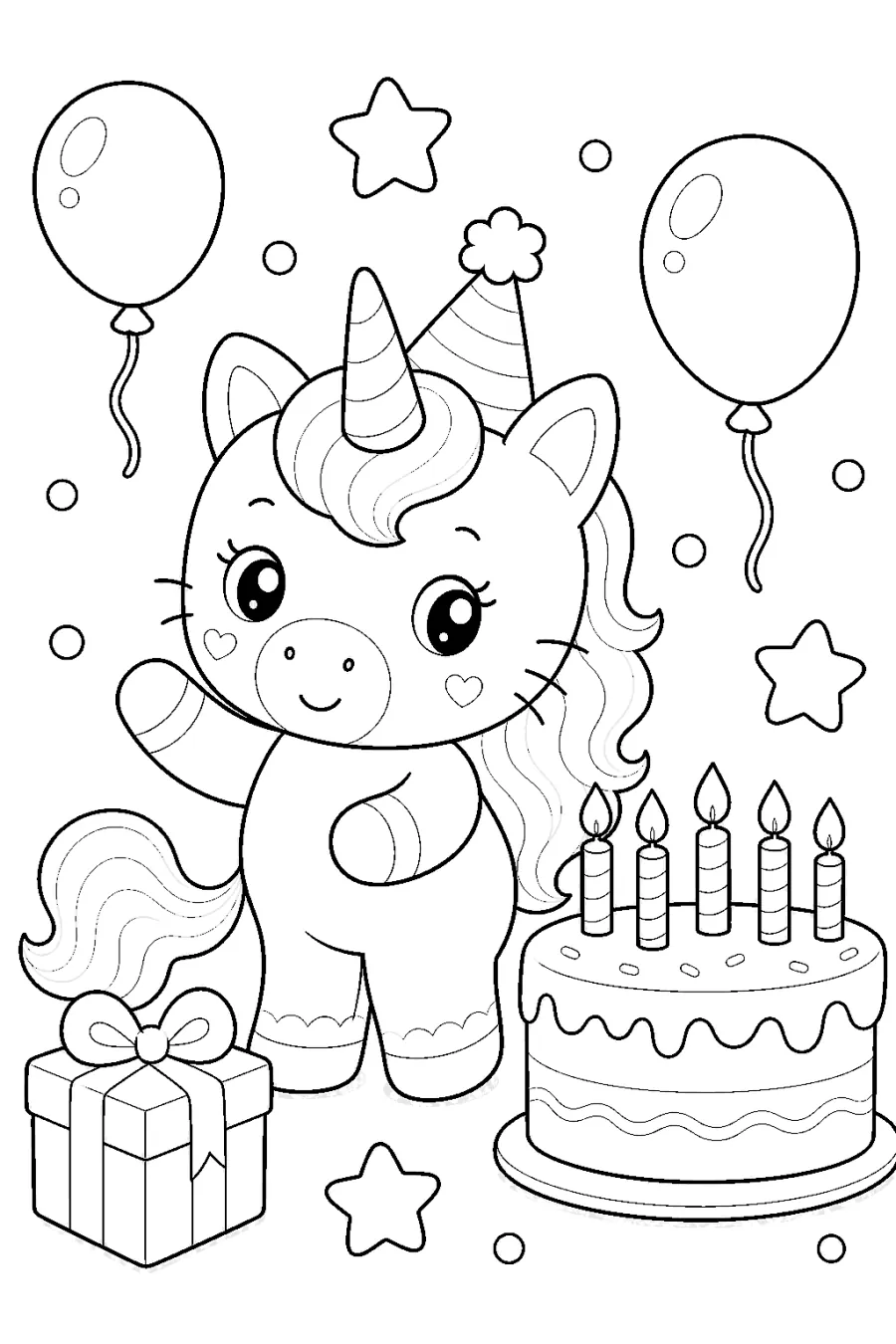 Birthday Unicorn Beside a Cake and Balloons