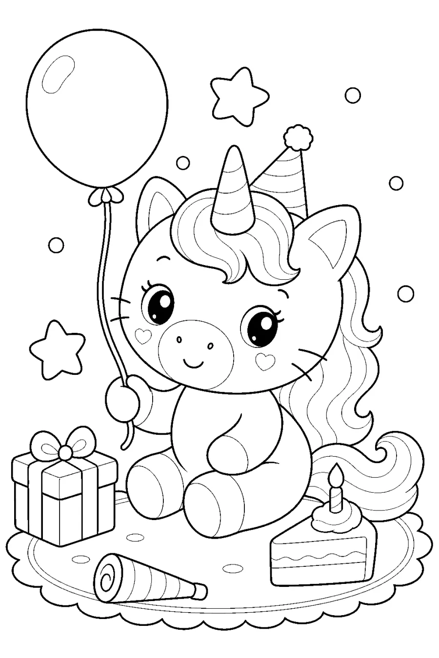 Birthday Unicorn Sitting with Balloons and Cake