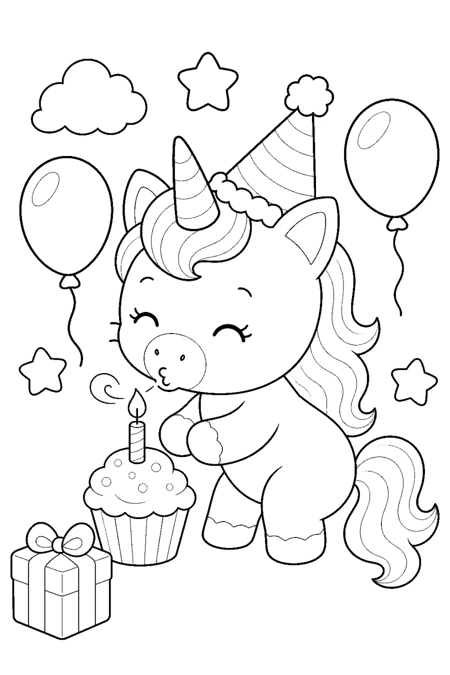Birthday Unicorn with Cupcake and Party Hat