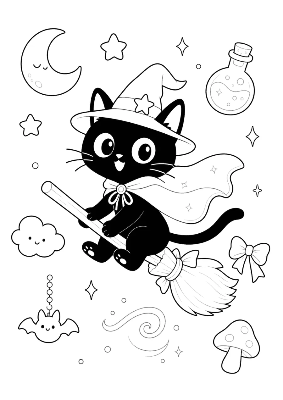 Black Cat Flying on a Broomstick