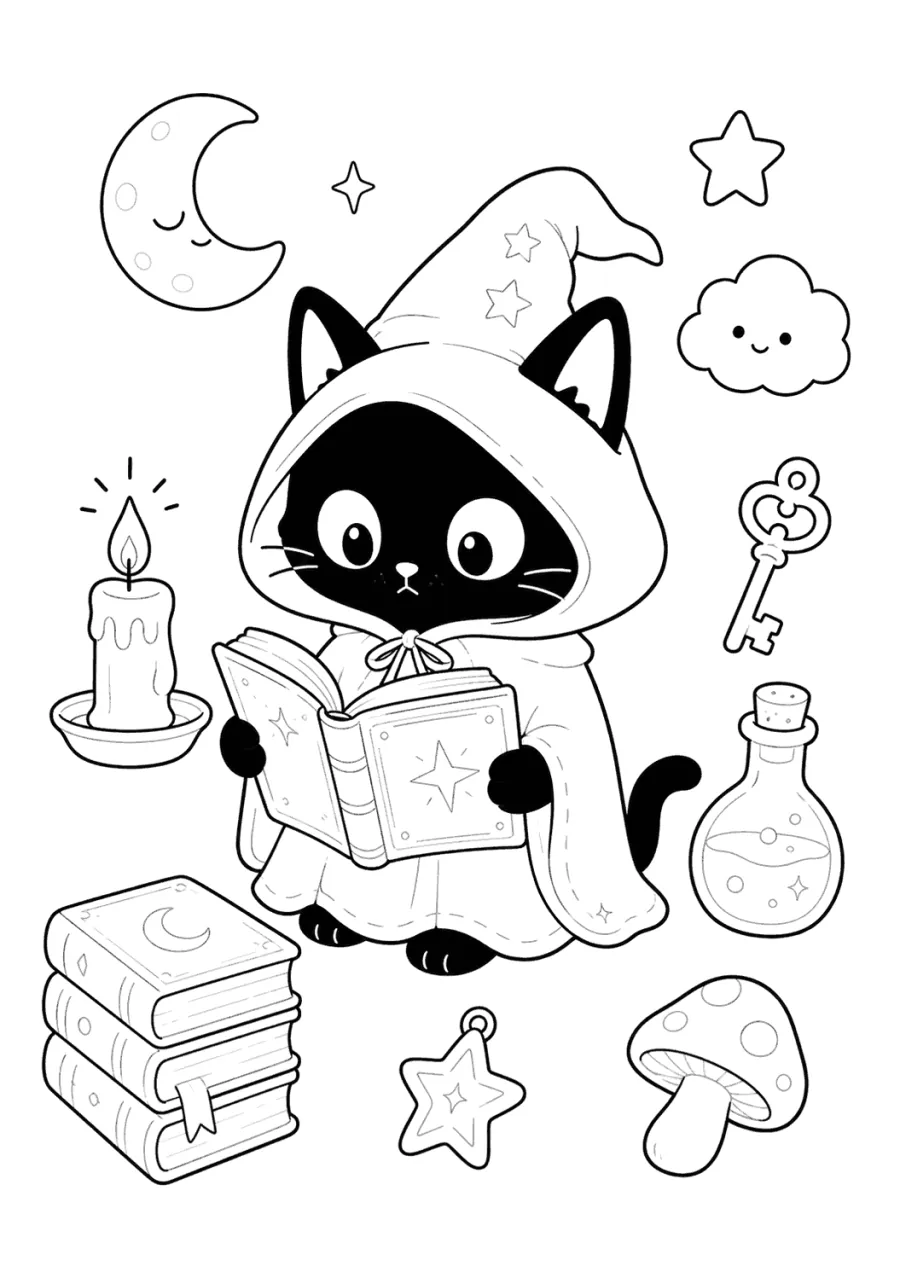 Black Cat Reading a Magic Book
