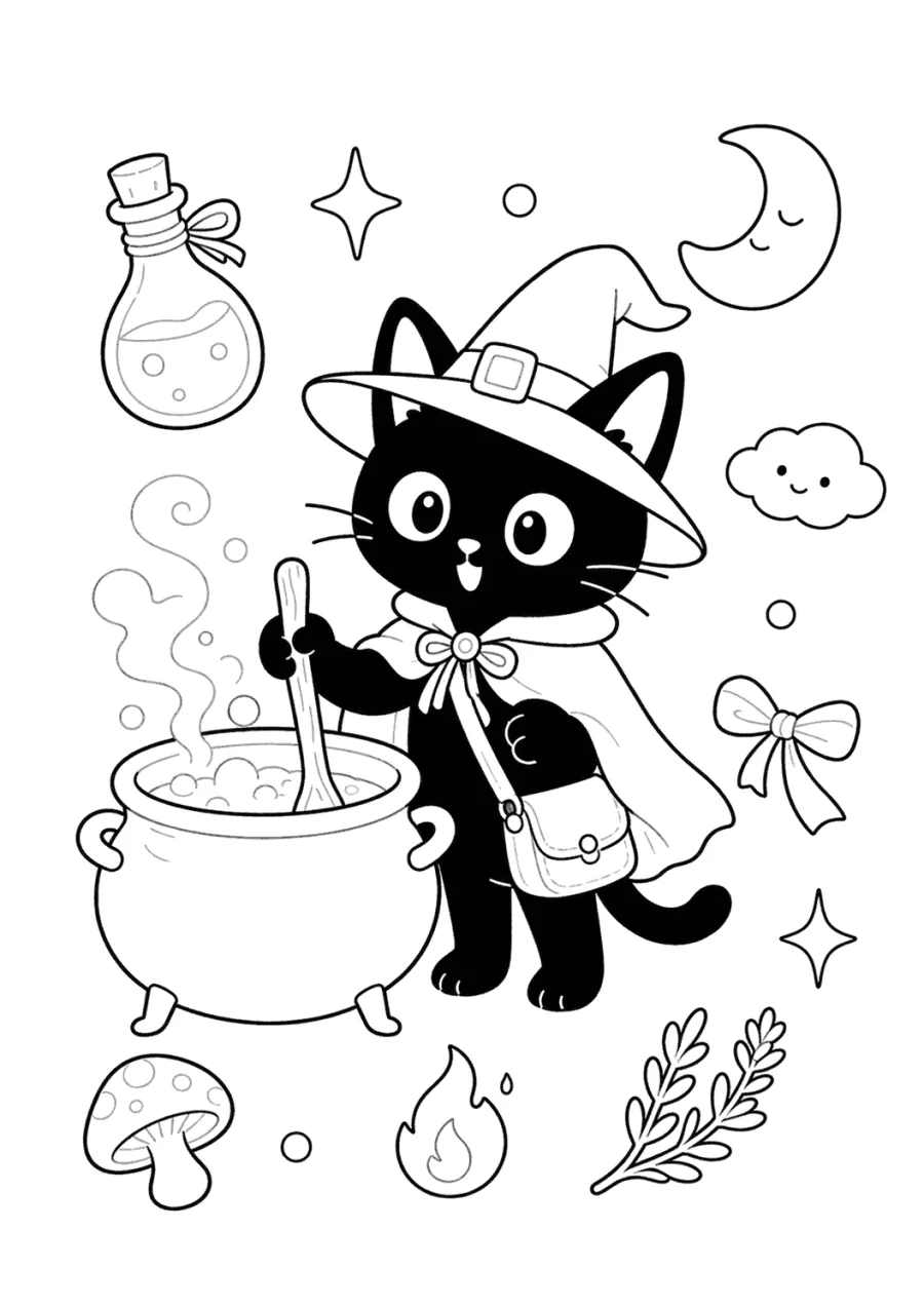 Black Cat Stirring a Potion Cauldron