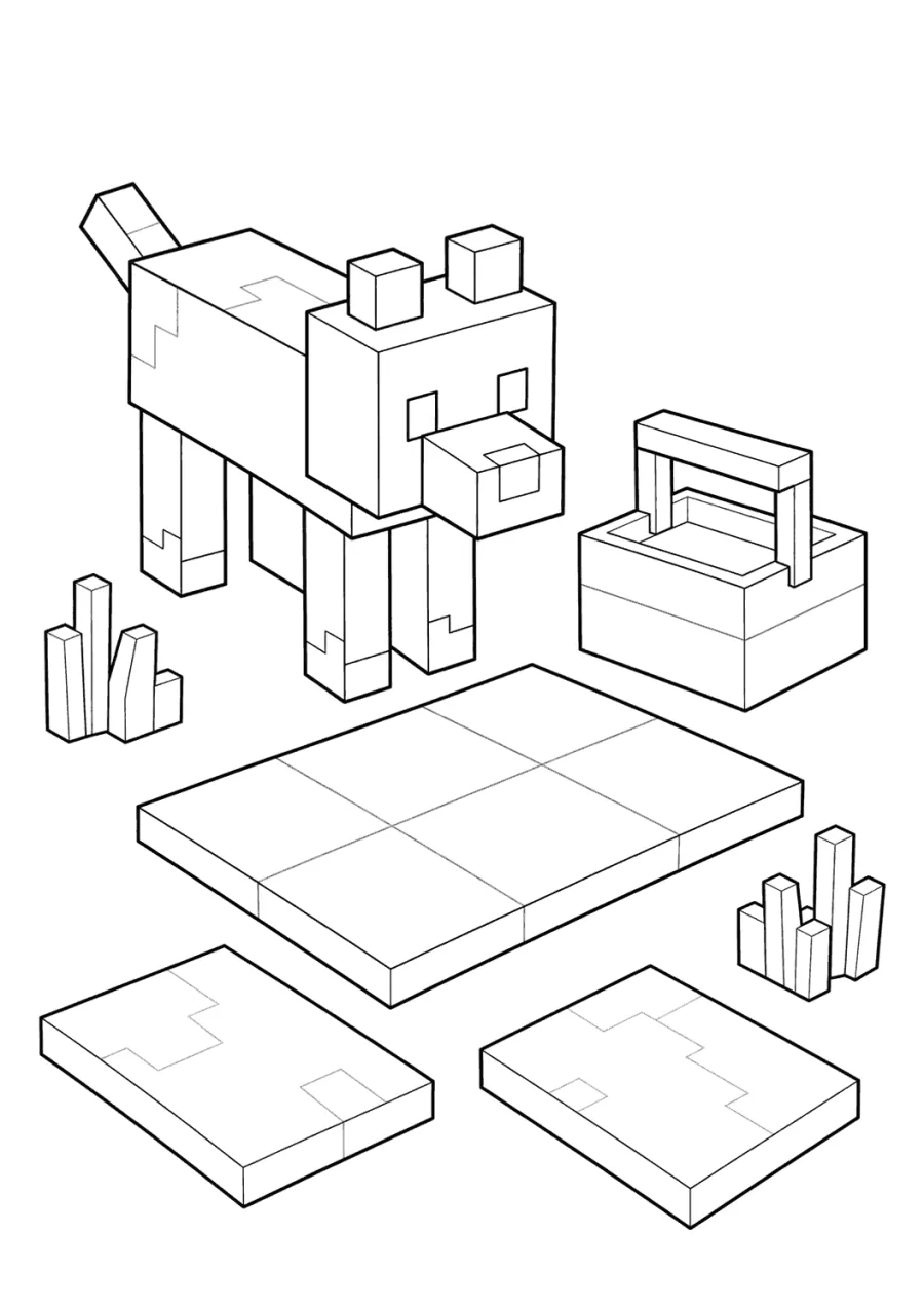 Blocky Dog beside a Block Bench
