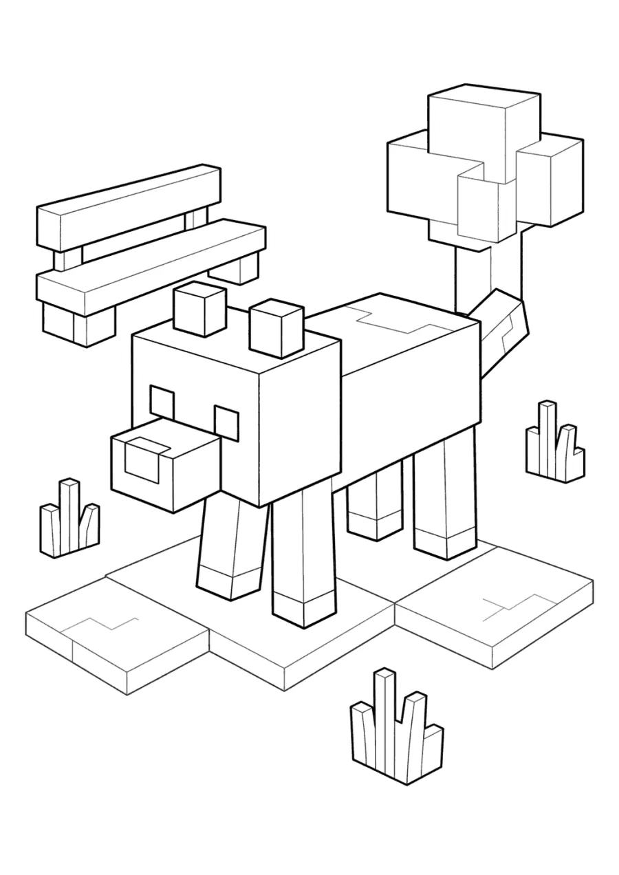 Blocky Dog by a Bench