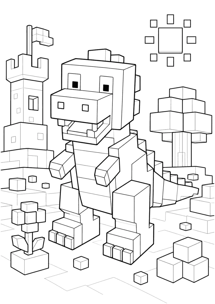 Blocky T Rex by a Castle