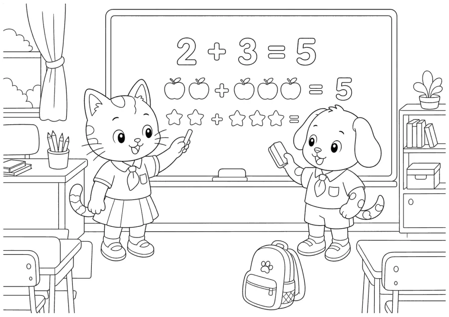 Cat and Dog at a Math Board