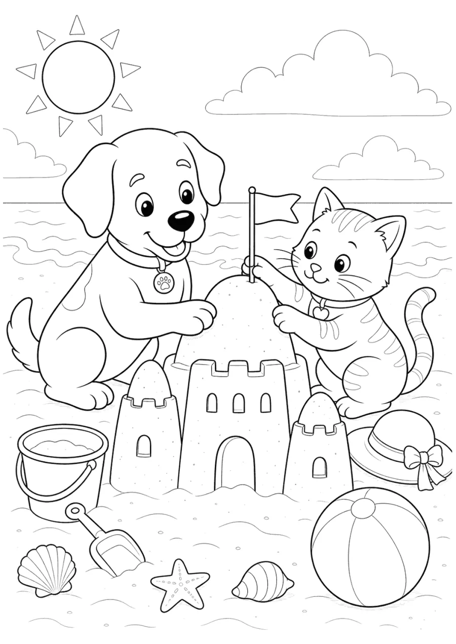 Cat and Dog Building a Beach Sandcastle