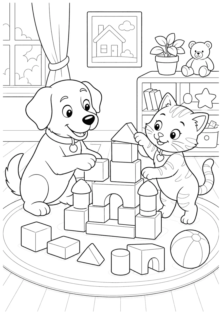 Cat and Dog Building a Block Tower