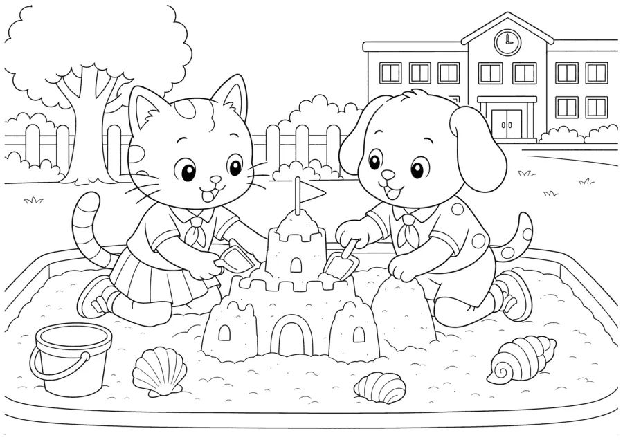 Cat and Dog Building a Sandcastle