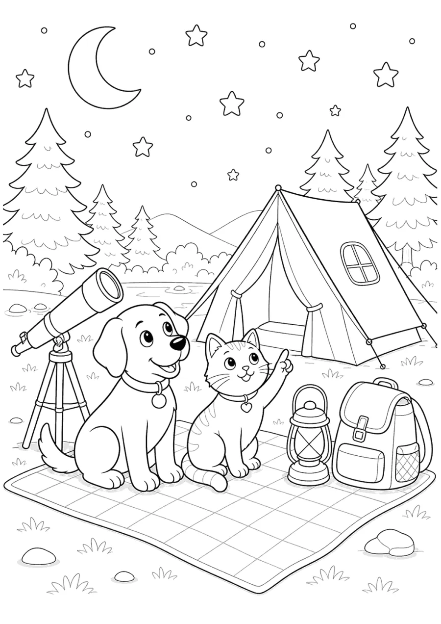 Cat and Dog Camping under the Stars