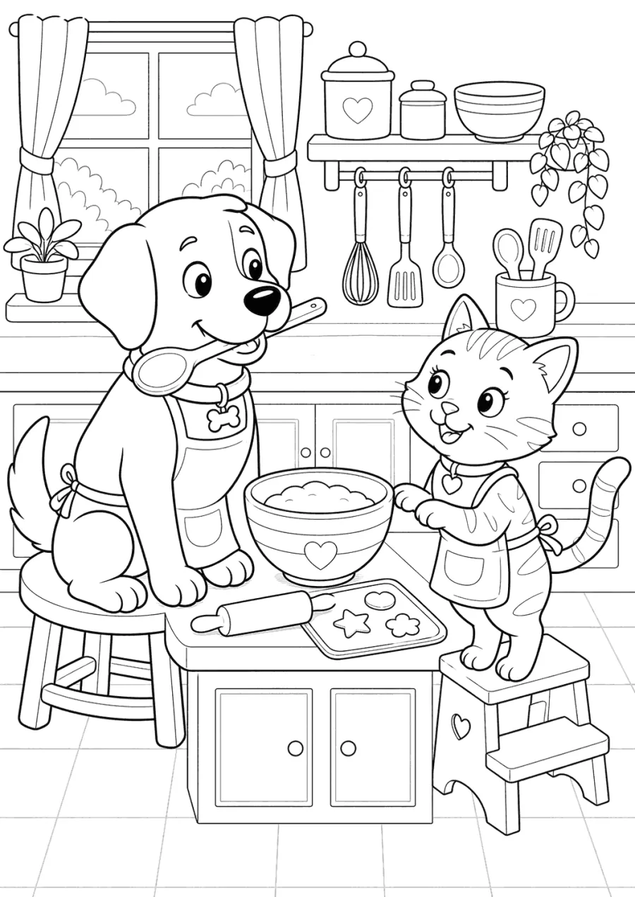 Cat and Dog Cooking in a Kitchen