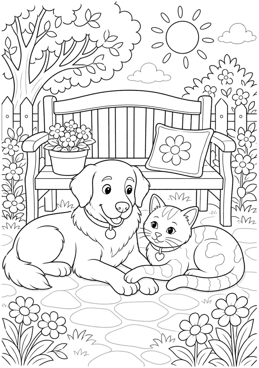 Cat and Dog on a Garden Bench