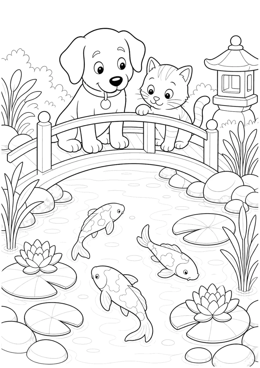Cat and Dog on a Pond Bridge