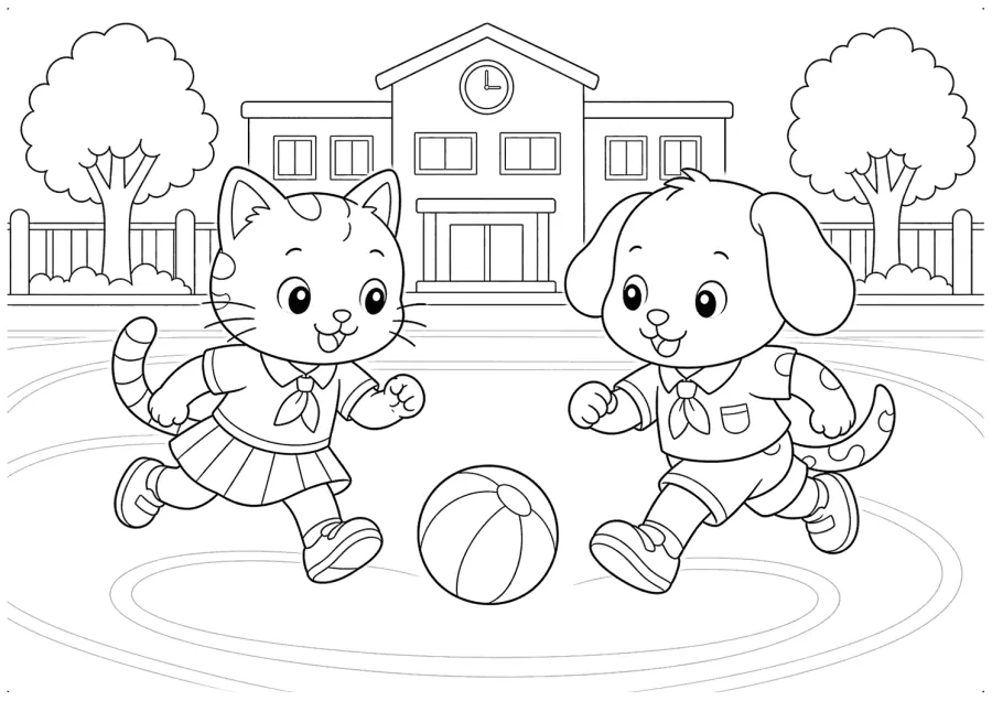 Cat and Dog Playing Ball at School