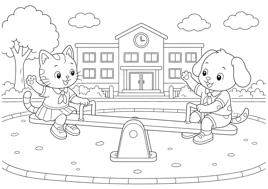 Cat and Dog Playing on a Seesaw