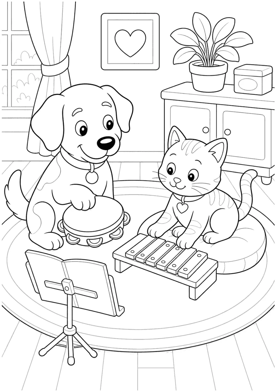 Cat and Dog Practicing Music