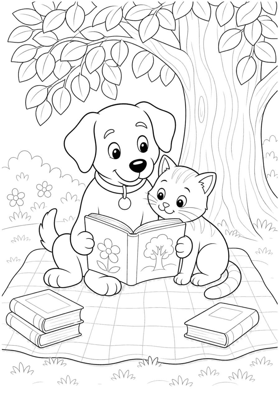 Cat and Dog Reading a Picture Book