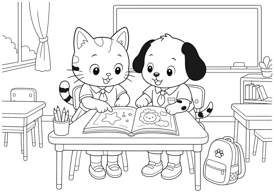 Cat and Dog Reading at a Classroom Desk