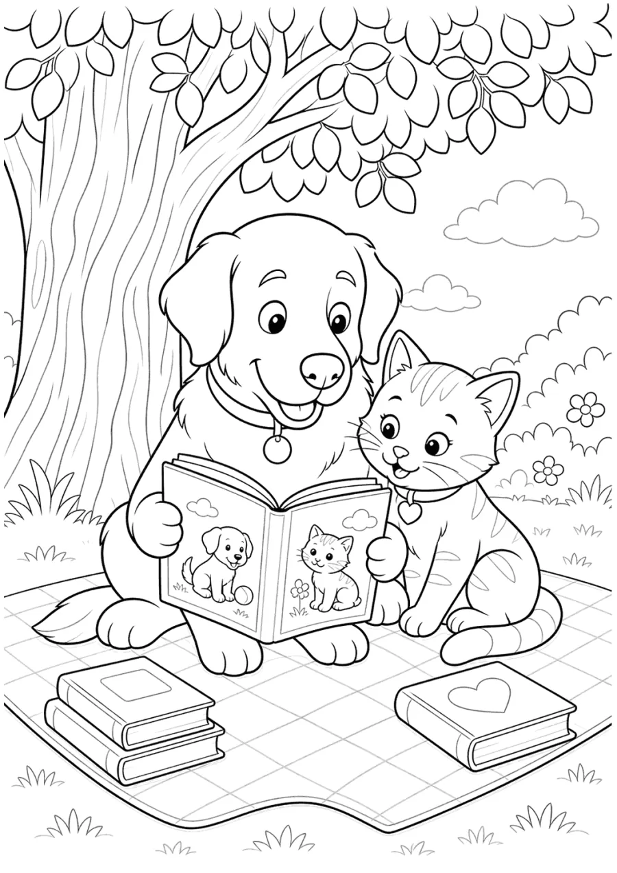 Cat and Dog Reading under a Tree