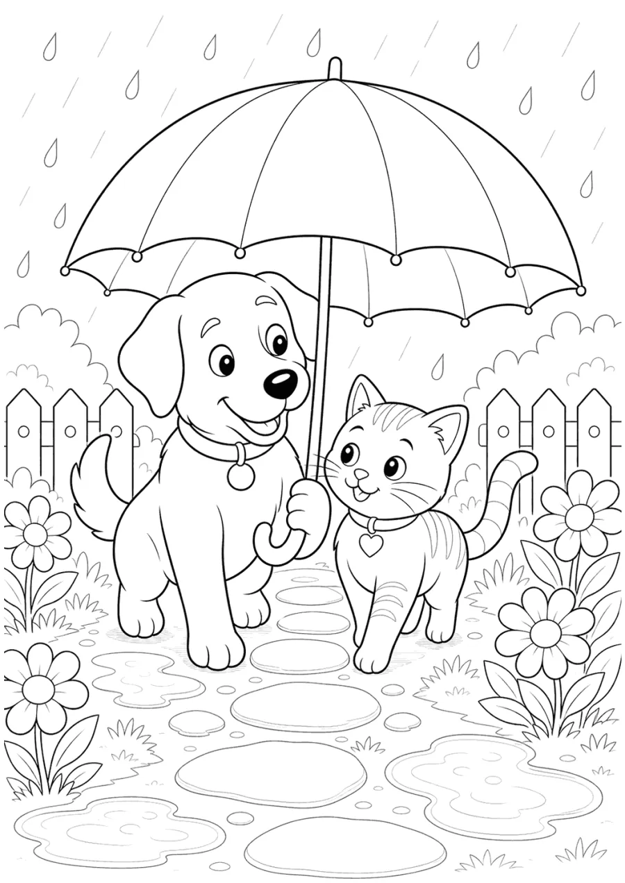 Cat and Dog Sharing an Umbrella