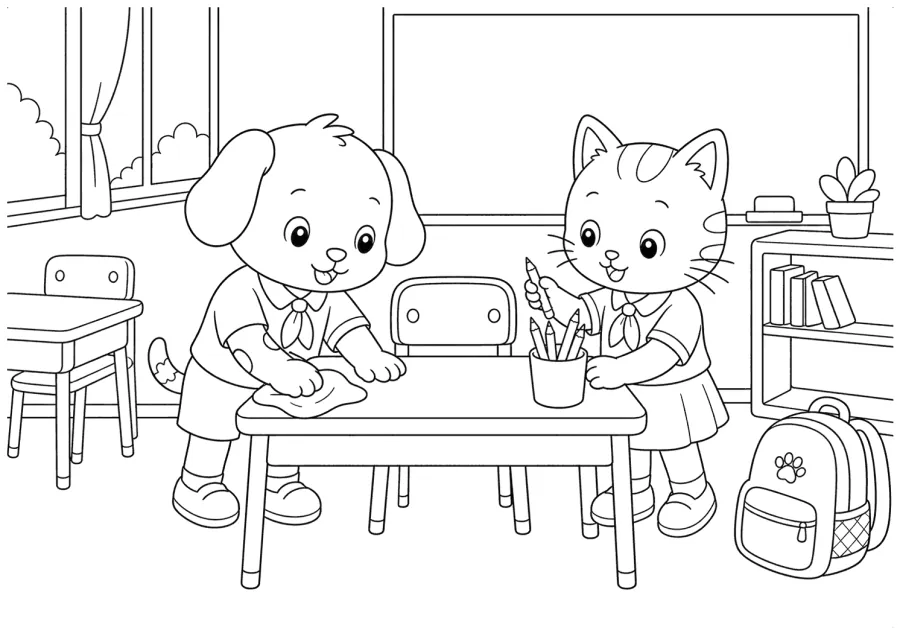 Cat and Dog Studying at a Table