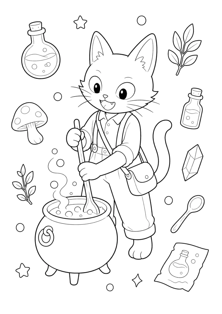 Cat Stirring a Potion Cauldron