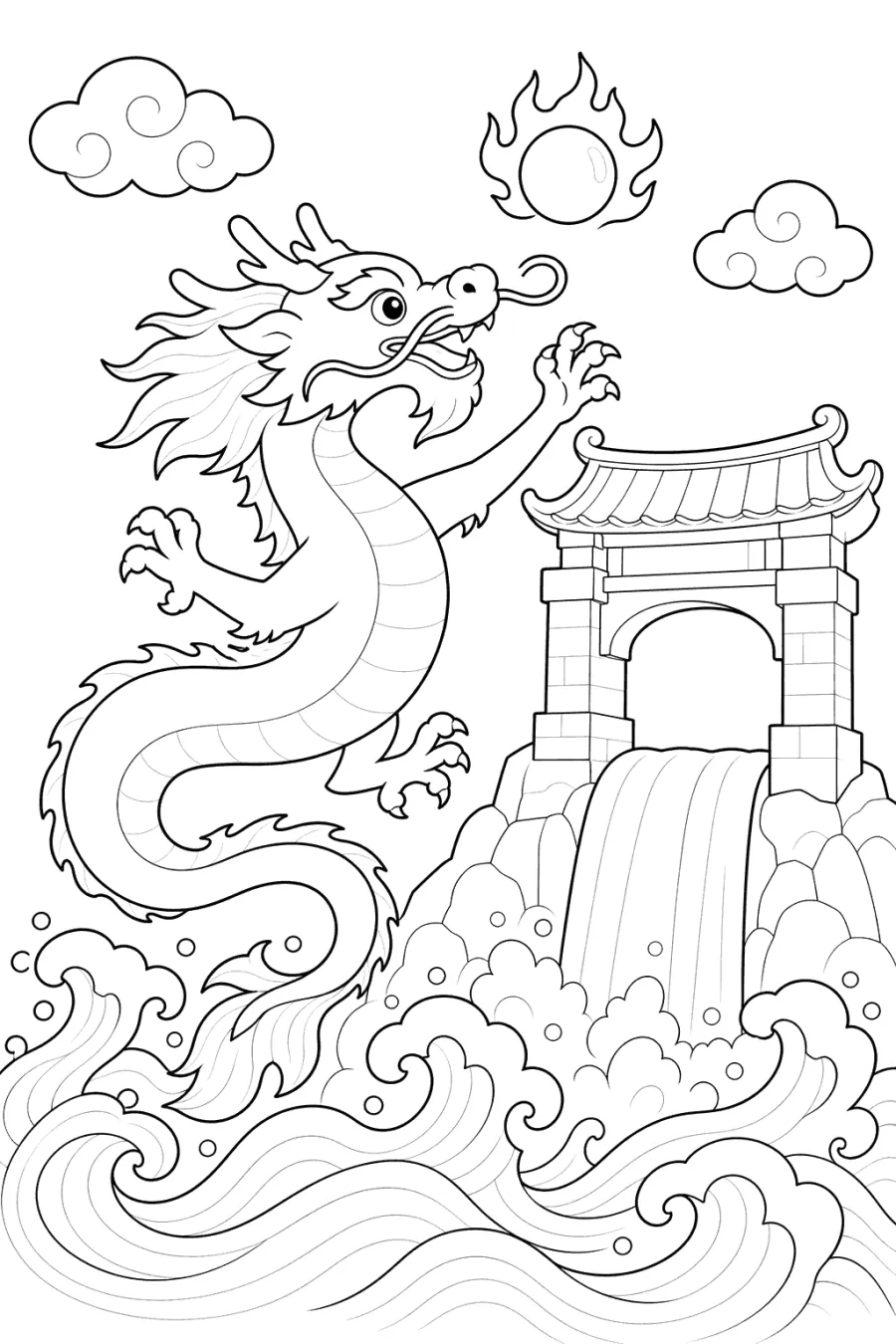 Chinese Dragon by a Waterfall Gate