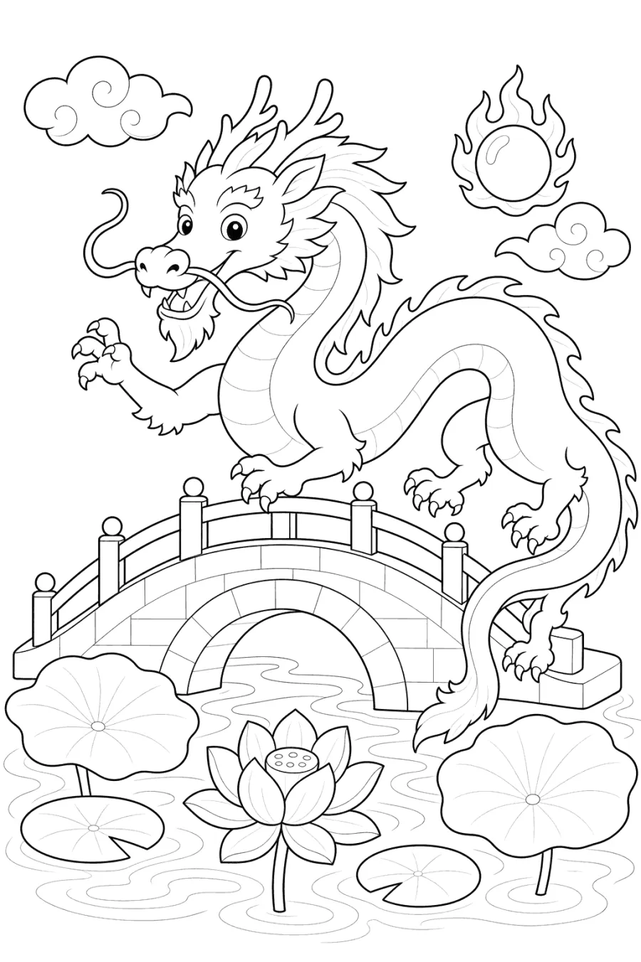 Chinese Dragon Crossing a Lotus Bridge