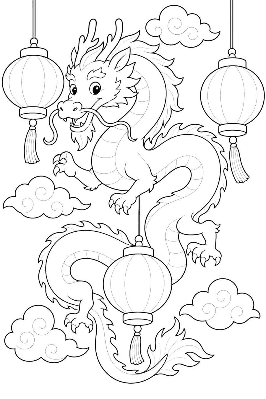 Chinese Dragon Curled Around Festival Lanterns