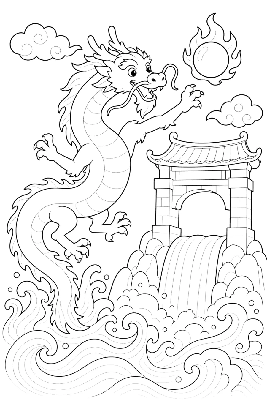 Chinese Dragon Leaping by a Waterfall Gate