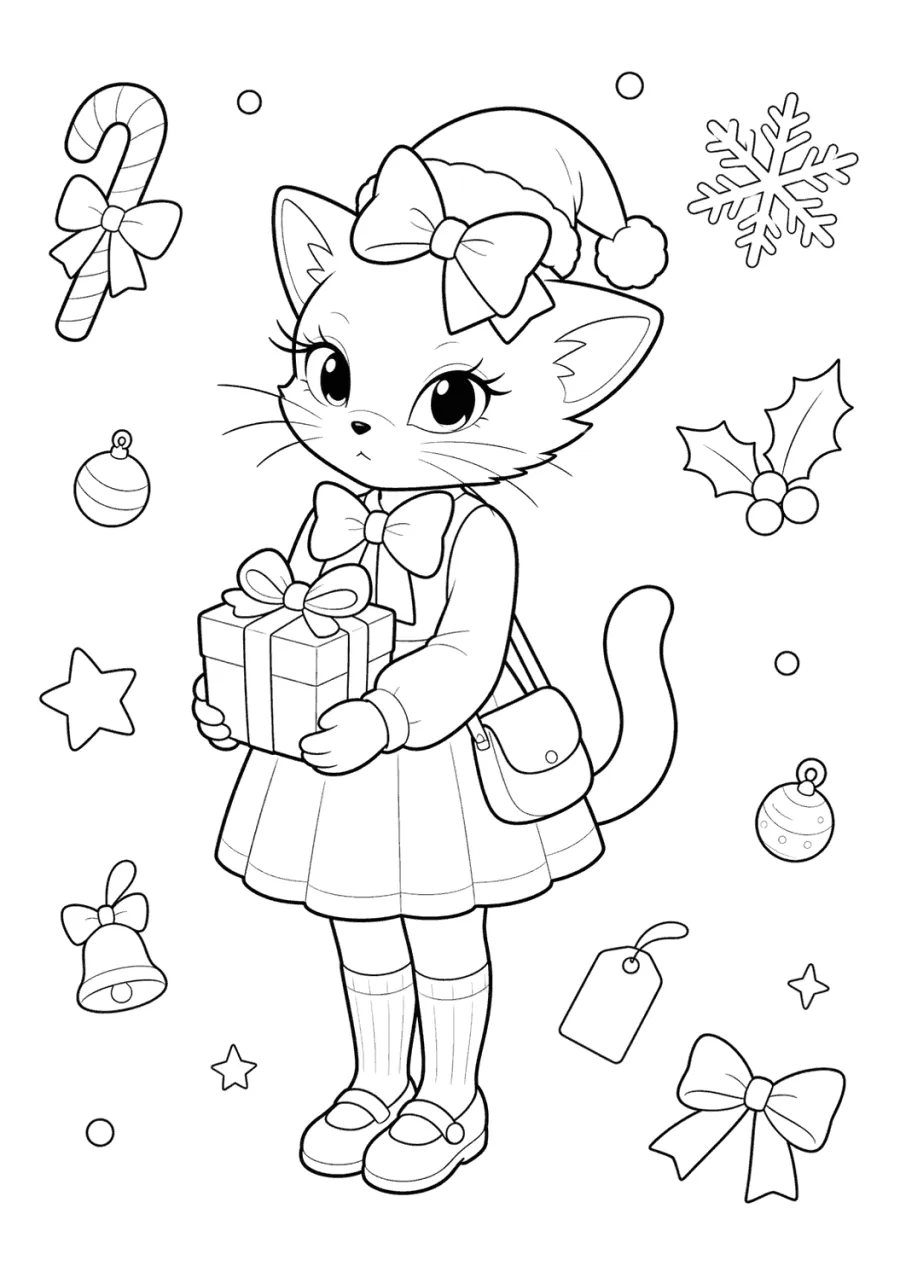Christmas Cat Carrying a Wrapped Gift