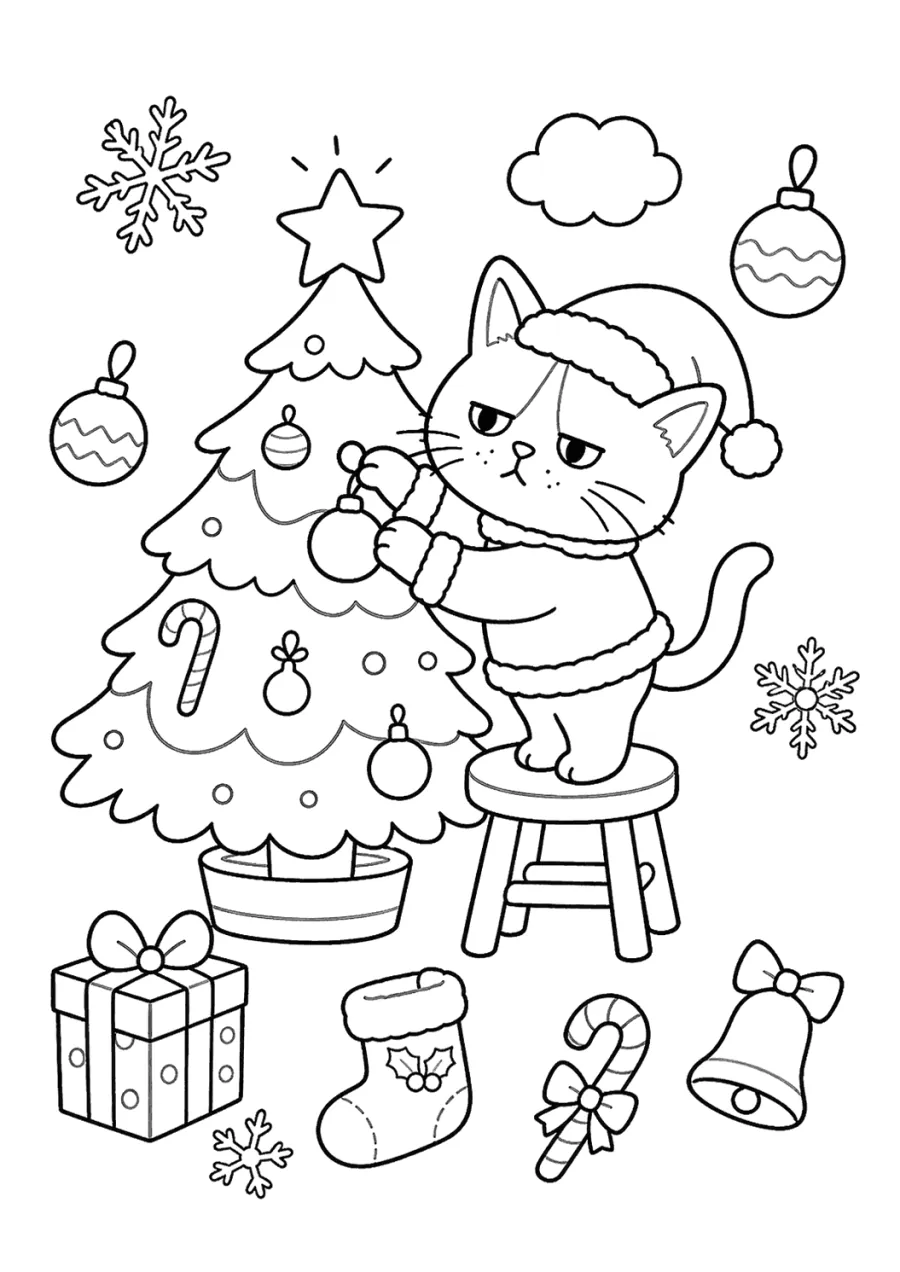 Christmas Cat Decorating a Tree