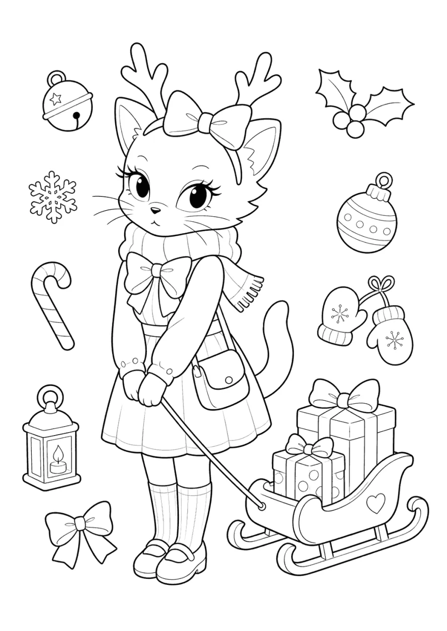 Christmas Cat Pulling a Gift Sled