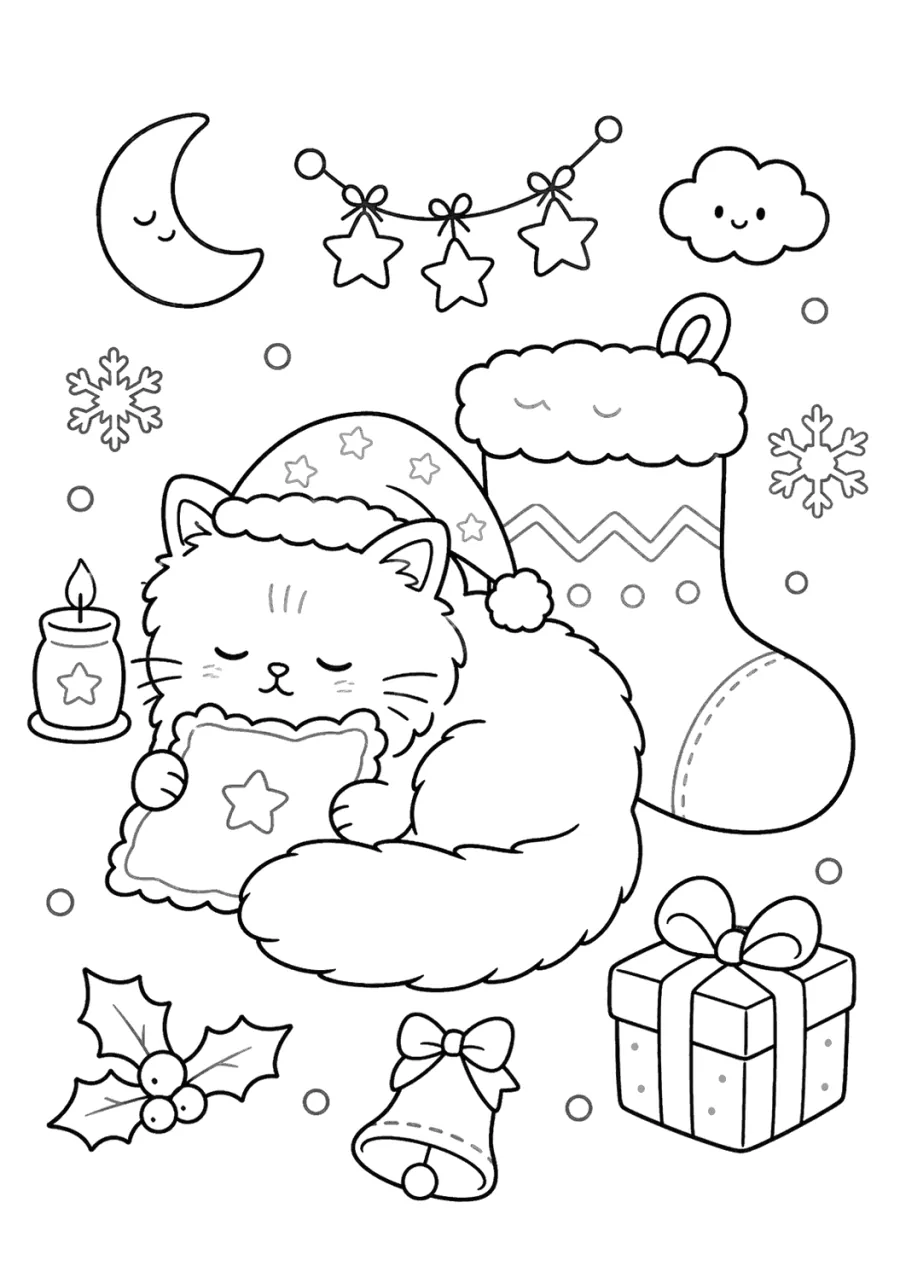 Christmas Cat Sleeping on a Pillow