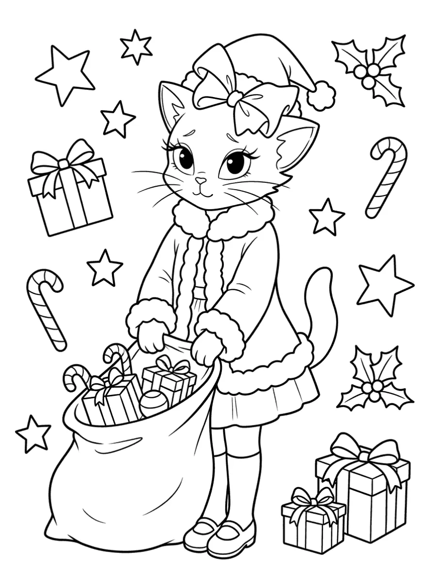 Christmas Cat with a Candy Cane Bag
