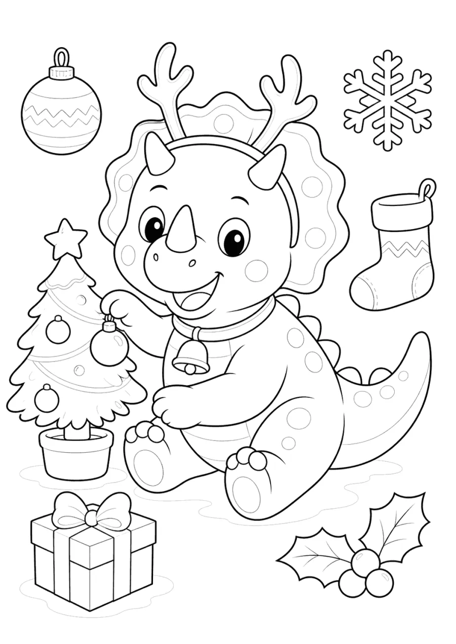 Christmas Dinosaur Decorating a Tree