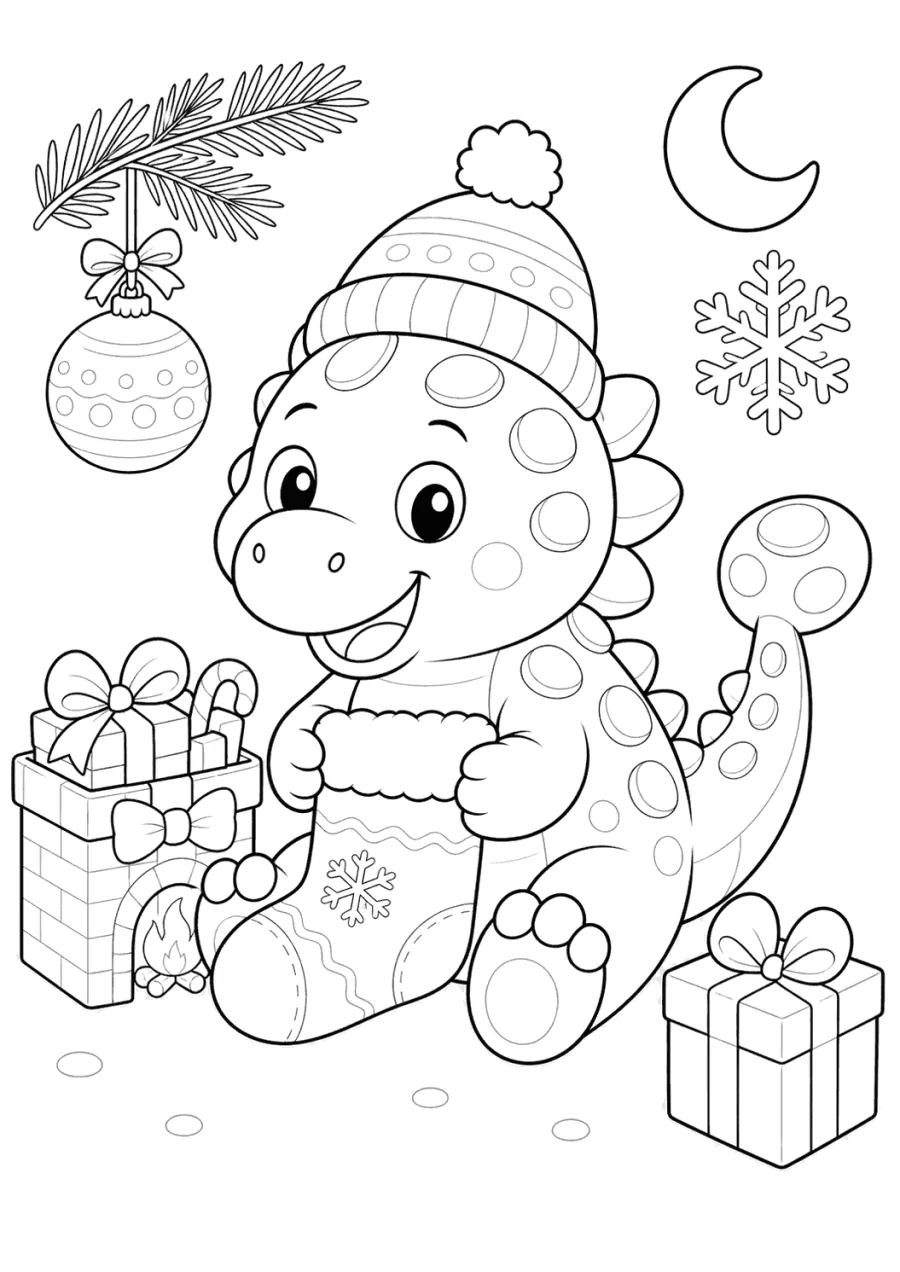 Christmas Dinosaur Holding a Stocking