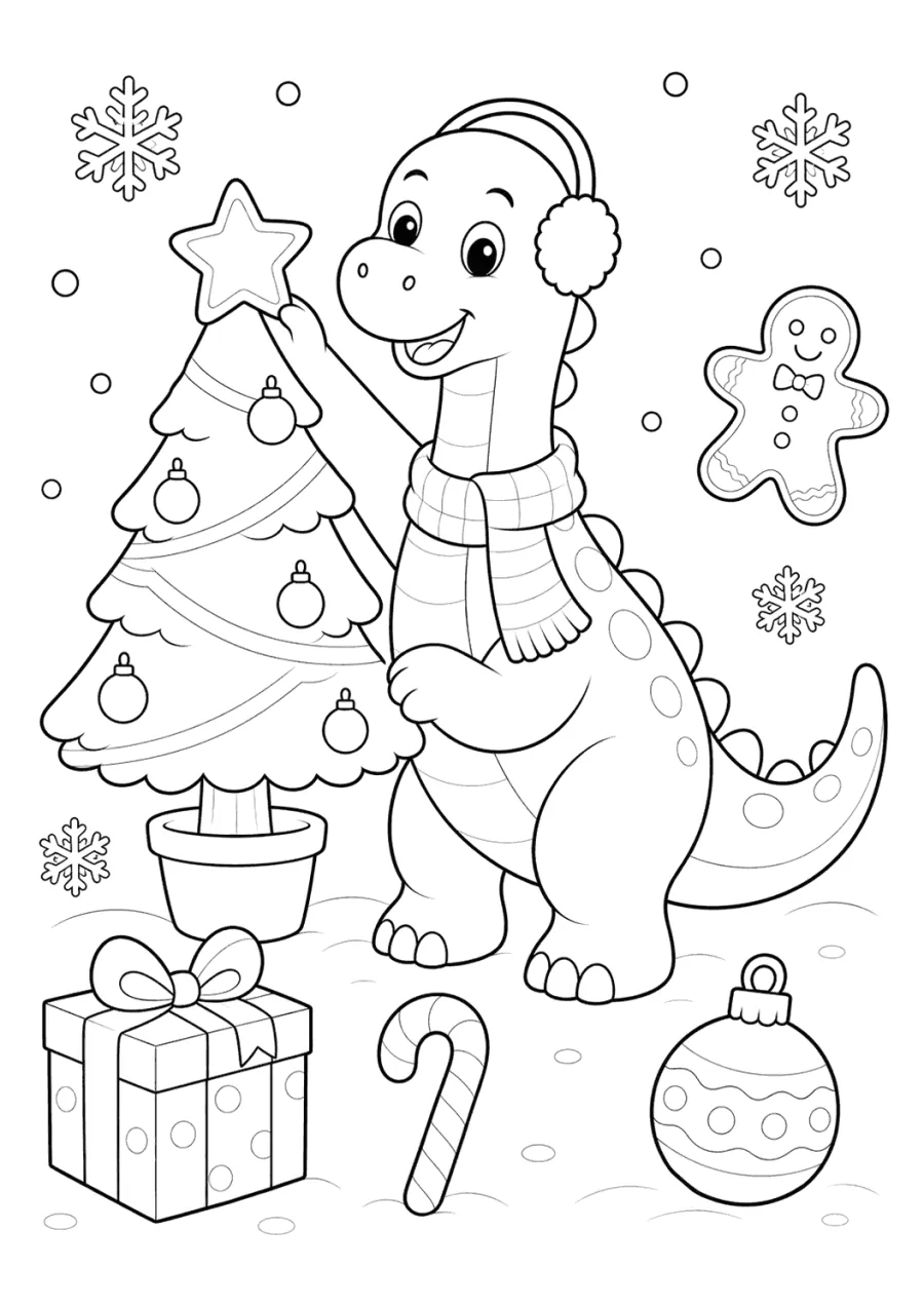 Christmas Dinosaur Placing a Star on a Tree