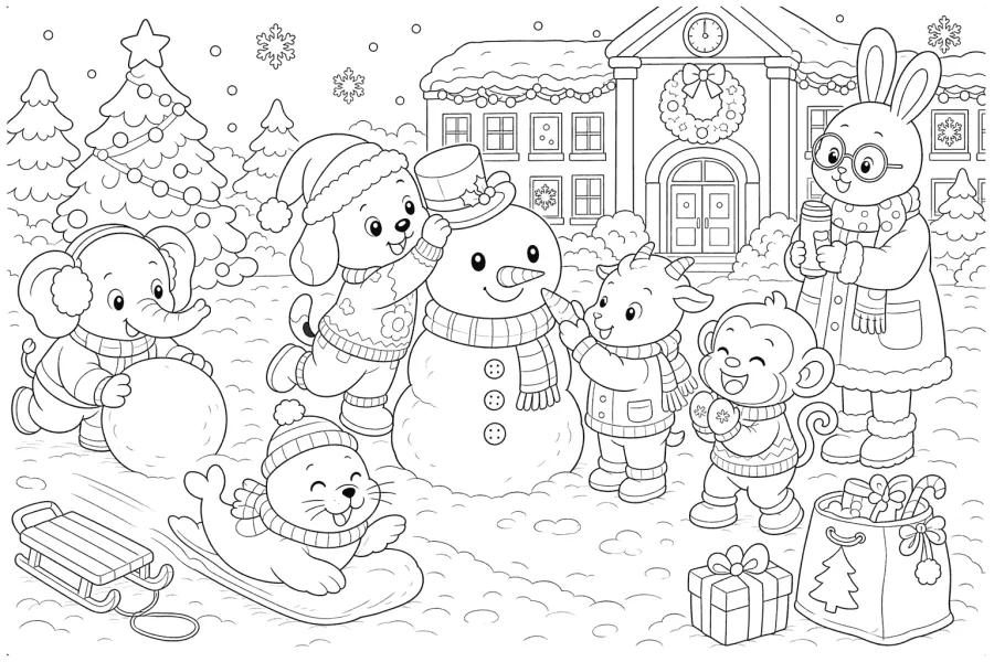 Christmas Dog Building a Snowman