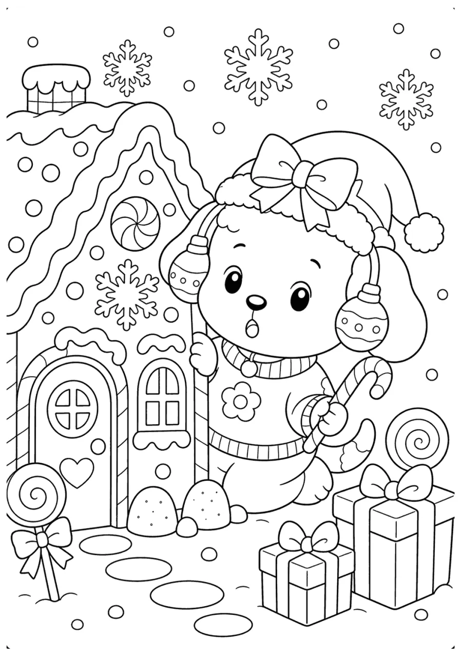Christmas Dog by a Gingerbread House