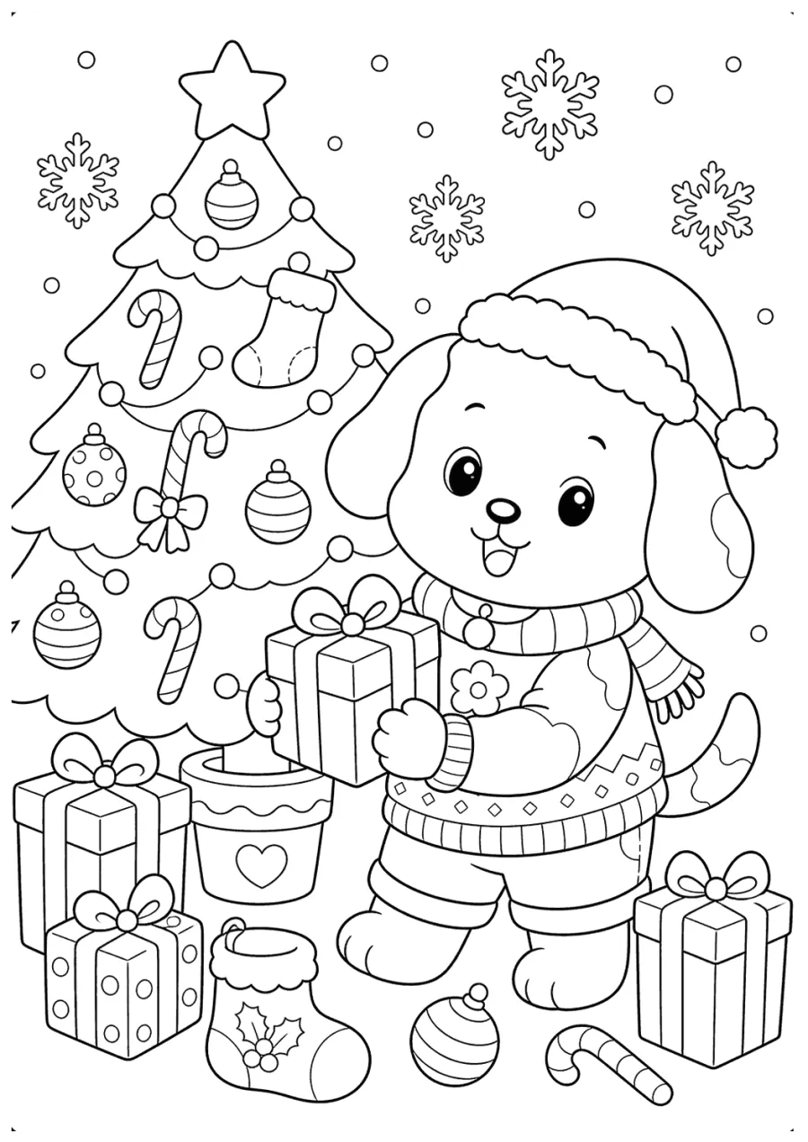 Christmas Dog by a Tree with Gifts